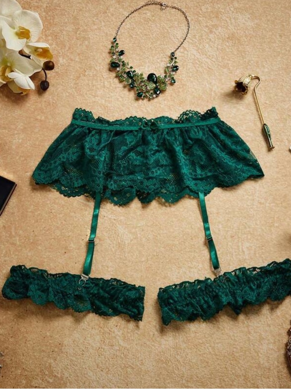 Dark Green Lace Garter Belt & Leg Cuffs - Women Intimates